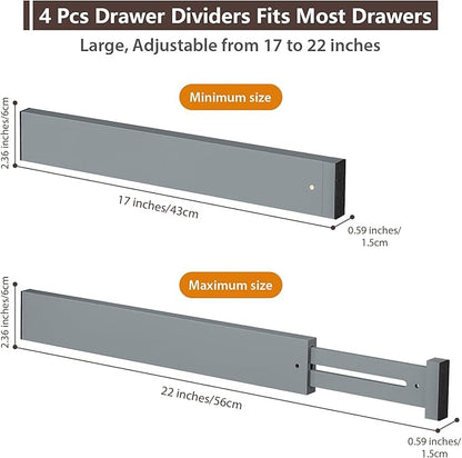 4 PCS Drawer Divider, 17"-22" Adjustable Bamboo Drawer Dividers Organizers, Expandable Separators for Kitchen, Clothes, Dressers, Home, Office, Gray