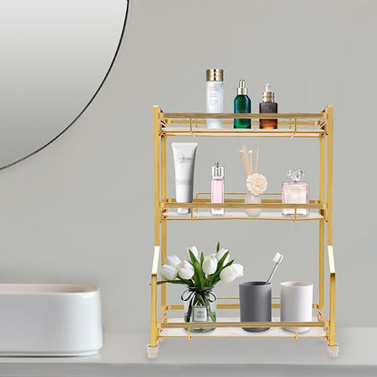 3 Tier Bathroom Countertop Organizer, Gold Bathroom Vanity Counter Organizer with Small Storage Basket for Skincare Makeup Perfume (White)