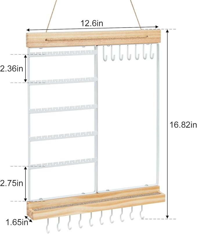 Feyejade Hanging Jewelry Organizer and Storage, 5-Tier White Earring Necklace Holder Jewelry Display Organizer Stand Rack, Wall Mounted for Earrings Necklaces Bracelets and Rings, White