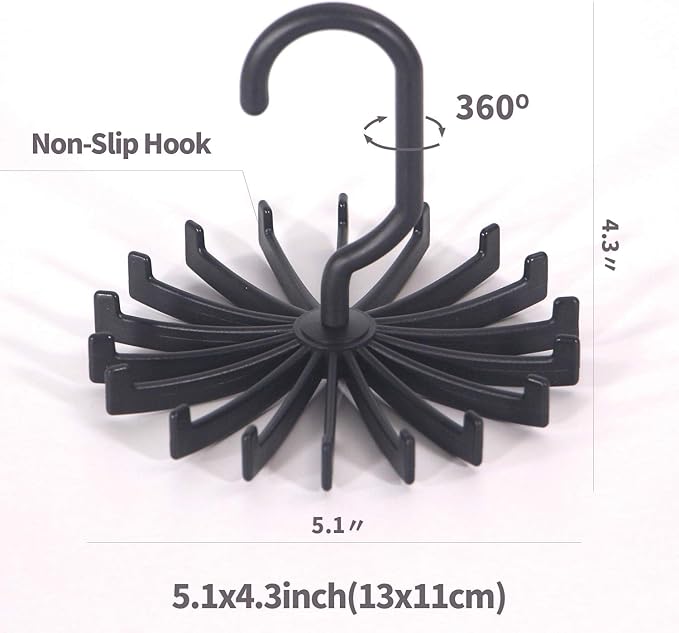 4 Pack Tie Rack Hanger Holder Hooks Organizer for Mens, 360 Degree Rotating Tie Racks, Black