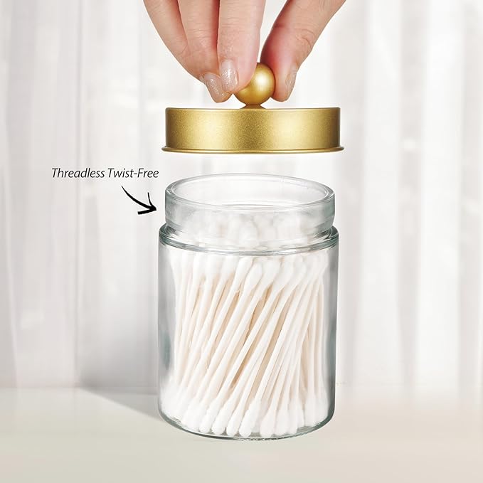 3PC Farmhouse Decor Qtip Holder Apothecary Jars Bathroom Vanity Storage Organizer -Countertop Canister Container &Cute Stickers for Cotton Swab,Ball,Pad,Floss,Paper Clips (Gold)