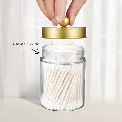 3PC Farmhouse Decor Qtip Holder Apothecary Jars Bathroom Vanity Storage Organizer -Countertop Canister Container &Cute Stickers for Cotton Swab,Ball,Pad,Floss,Paper Clips (Gold)