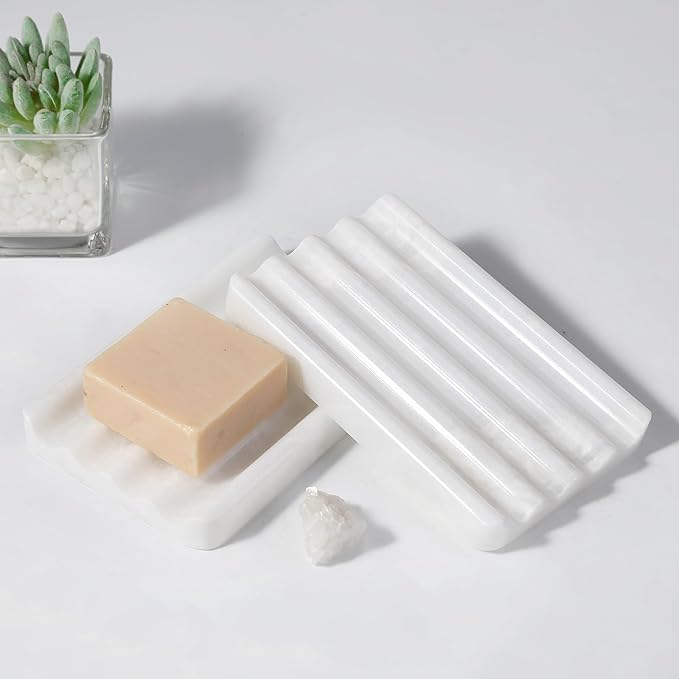 Koville African Natural Marble Soap Dish for Shower, Stone Soap Tray for Bathroom, Bar Soap Holder for Sink, Stripe Grooves Soap Saver Stone Dish Keep Bars Dry Easy Clean (Namib Bianco)