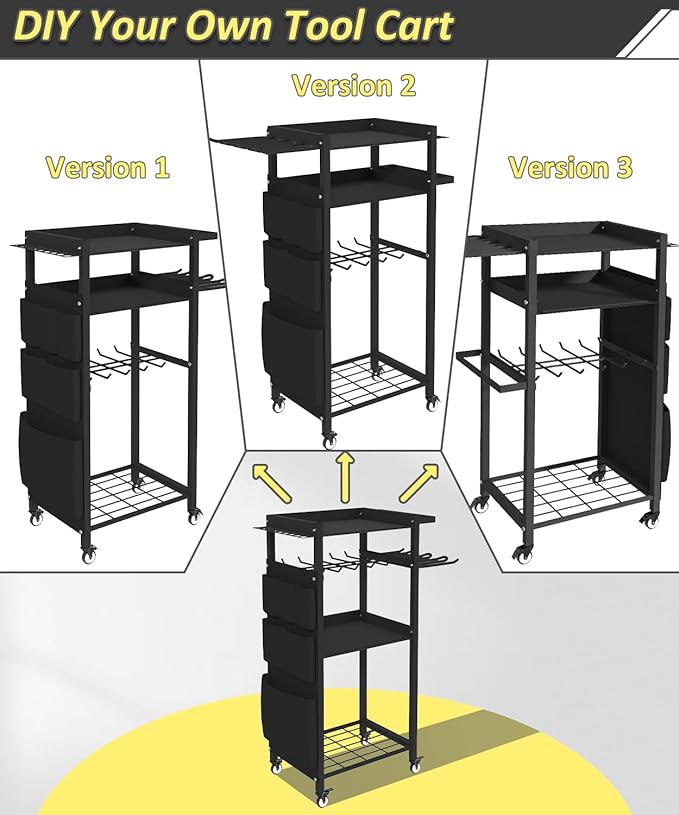 4-Tier Rolling Power Tool Organizer Storage Cart, Garage Organization on Wheels Tool Cart with Drill Set Rack Shelf, Mechanic Utility Cart for Workbench & Outdoors Working, Gift for Men Dad