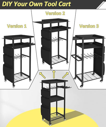 4-Tier Rolling Power Tool Organizer Storage Cart, Garage Organization on Wheels Tool Cart with Drill Set Rack Shelf, Mechanic Utility Cart for Workbench & Outdoors Working, Gift for Men Dad
