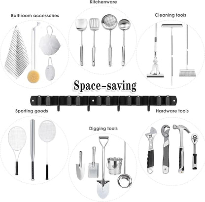 Black 5 Racks and 4 Hooks Mop and Broom Holder Wall Mount, Broom Organizer Storage Tool Racks Stainless Steel Heavy Duty Hooks Self Adhesive Solid Non-slip for Home Kitchen Garden Laundry Garage