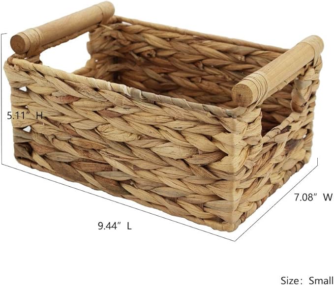 Storage Basket made by Water Hyacinth with Wood Handles, Arts and Crafts. (Small) Natural