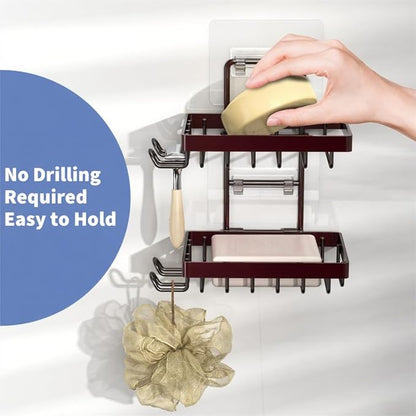 Moforoco Brown Double Soap Bar Holder for Shower, No Drilling, 304 Stainless Steel, Wall Mounted Soap Holder with 4 Hooks and Razor Holder, Shower Rack Soap Tray Bar Soap for Bathroom Accessories