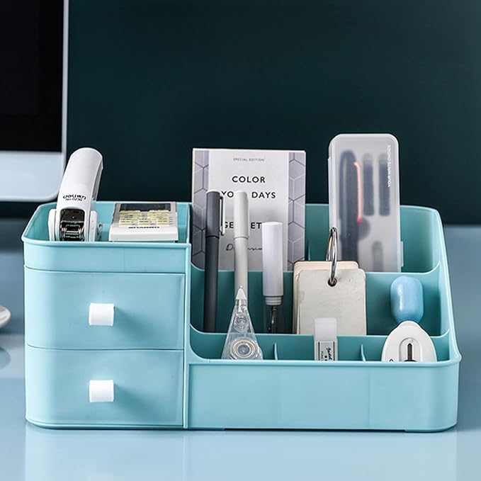 skin care organizer,Makeup Desk Organizer With Drawers,Countertop Organizer for Cosmetics,Vanity brush with Holder for Lipstick, Brushes, Eyeshadow, and Desktop (polar blue)