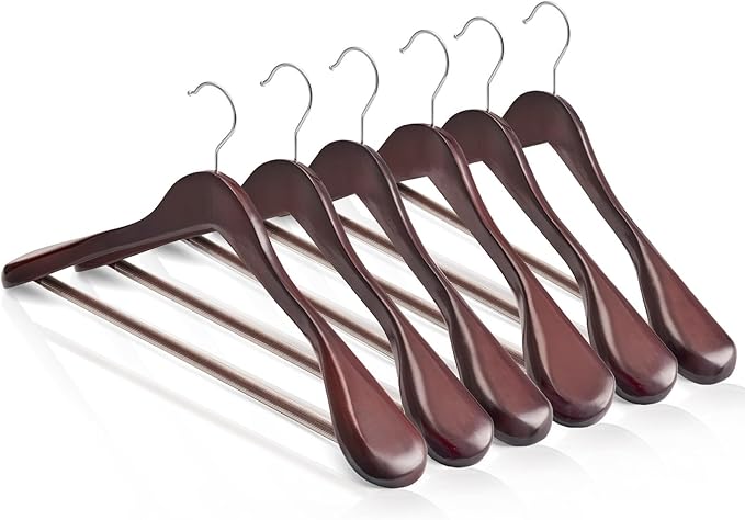HOUSE DAY Wood Suit Hangers for Men, Wide Shoulder Wooden Hangers with Non Slip Pants Bar, Smooth Retro Finish 360° Swivel Hook Solid Wood Coat Hangers for Heavy Clothes Hanger 6 Pack (Cherry Wood)