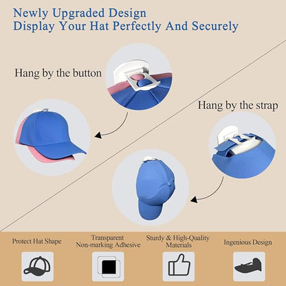 8 Pack Adhesive Hat Hooks for Wall – Strong Hold Hat Rack for Baseball Caps & Cowboy Hats, Minimalist Hat Display Organizer, Hat Hangers for Wall/Door/Closet, No Drilling, USA Patented – White