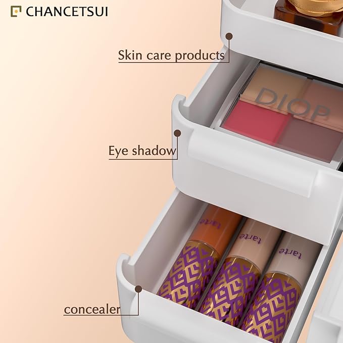 CHANCETSUI Makeup Organizer with Drawers, Makeup Desk Organizer, Bathroom Countertop Organizer for Cosmetics, Vanity Holder for Lipstick, Makeup Brush Holder, White