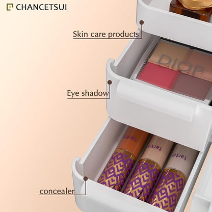 CHANCETSUI Makeup Organizer with Drawers, Makeup Desk Organizer, Bathroom Countertop Organizer for Cosmetics, Vanity Holder for Lipstick, Makeup Brush Holder, White