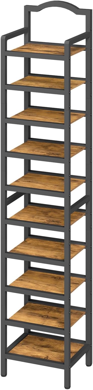 YATINEY 10-Tier Tall Shoe Rack, Vertical Shoe Organizer for Small Spaces, Wooden Shoe Shelf for Entryway, Space Saving Shoe Storage, Holds 10 Pairs of Shoes, Rustic Brown and Black SS50BR