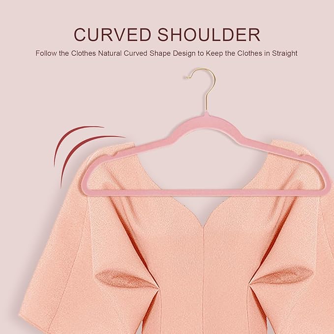 52 Packs Velvet Clothes Hangers, 17.3 Inches Non-Slip Skirt Hangers, Sturdy Dresses Hangers with Shoulder Notches, Space Saving Clothing Hangers for Adults, Pink with Gold Hook