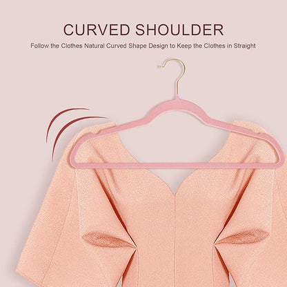 52 Packs Velvet Clothes Hangers, 17.3 Inches Non-Slip Skirt Hangers, Sturdy Dresses Hangers with Shoulder Notches, Space Saving Clothing Hangers for Adults, Pink with Gold Hook
