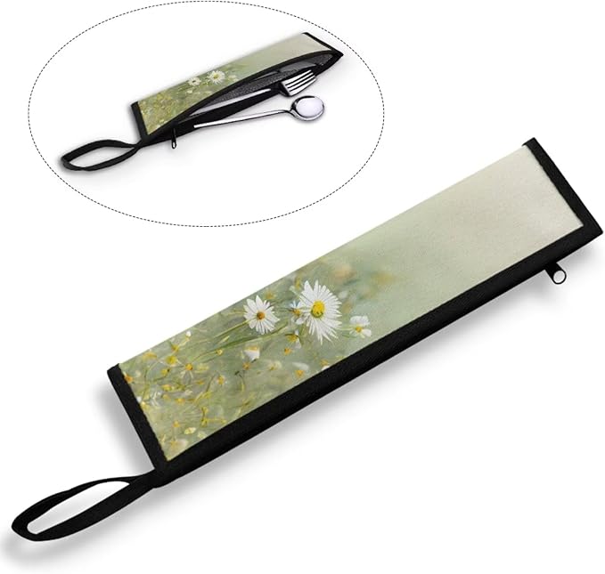 Portable Tableware Carrier Pouch Cutlery Bag Silverware Organizer Accessories for Travel Camp Party, Daisy Field Green