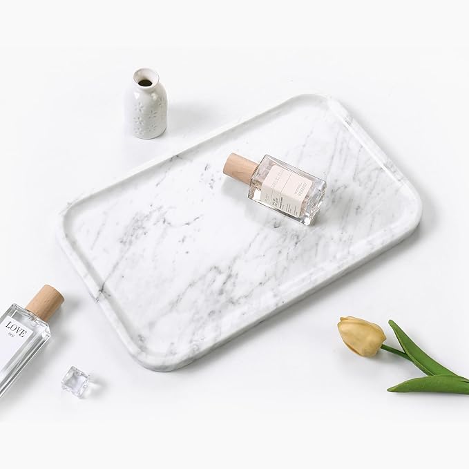 Yew & Tulip 14" x 8.5" Natural Marble Tray for Kitchen, Bathroom, Living Room – Serving/Decorative Vanity Tray for Jewelry, Candles, Decor (Carrara White)
