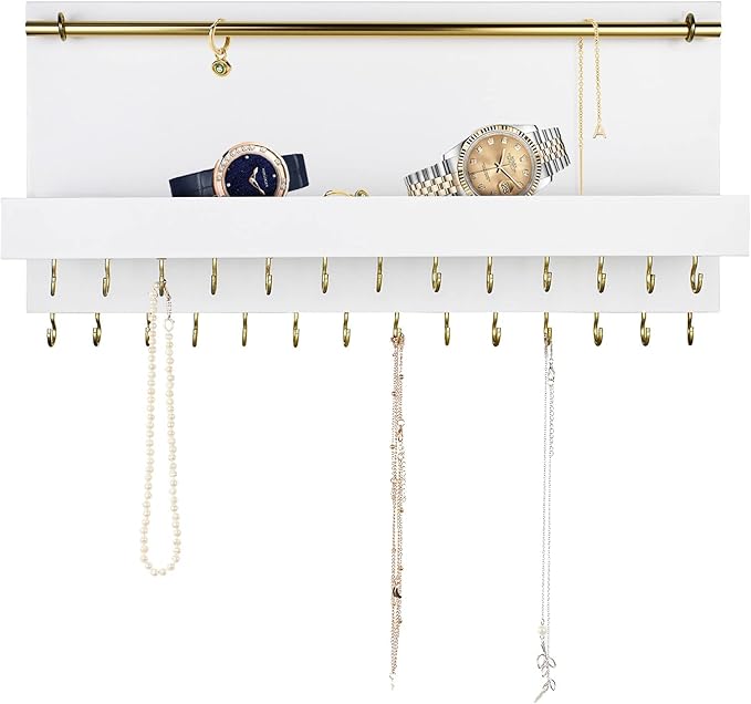 SANY DAYO HOME 27 Hooks Wall Mounted Necklace Holder 14 x 6 inch Hanging Rustic Wooden Jewelry Organizer with Removable Bracelet Rod and Shelf for Kids, Girls, Women - Ivory White