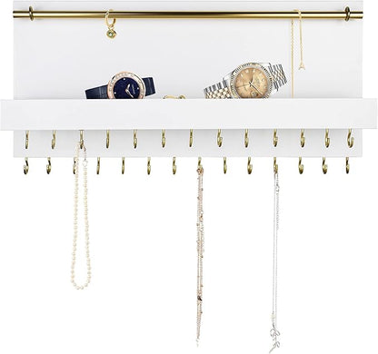 SANY DAYO HOME 27 Hooks Wall Mounted Necklace Holder 14 x 6 inch Hanging Rustic Wooden Jewelry Organizer with Removable Bracelet Rod and Shelf for Kids, Girls, Women - Ivory White