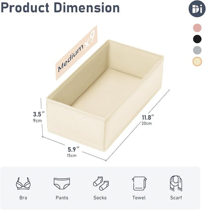 DIMJ Drawer Organizer Clothes - Underwear Organizer Small Sock Organizer Closet Organizers and Storage Box Dresser Drawer Dividers for Baby Clothes, Bra, Socks, Belt, Tie, Set of 9, Beige