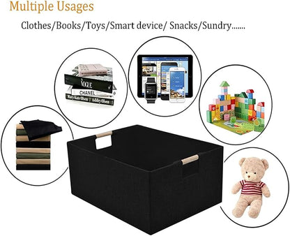 xianshengle Fabric Storage Basket for Shelves, Collapsible Storage Bins with wood Handles, Rectangle Closet Baskets, Wardrobe Organiser, for Sorting Clothes, Family Items (Black) (1)