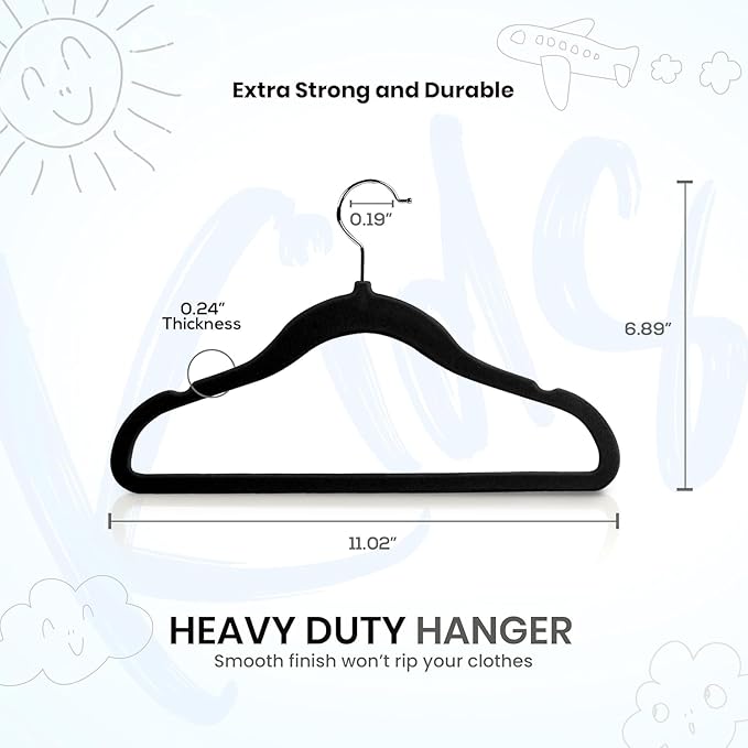 Utopia Home Kids Velvet Hangers 50 Pack – 11 Inch Non-Slip Baby Hangers for Baby and Toddlers, Durable Ultra-Slim Space-Saving Closet Organizers (Black)