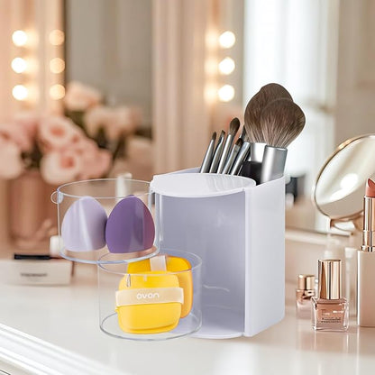 Hair Accessories Organizer with Hair Brush Holder, Rotatable Makeup Brush and Jewelry Storage Box for Hair Clips, Earrings, Necklaces, Bracelets, Rings, and Daily Accessories (White, 2-Layer)