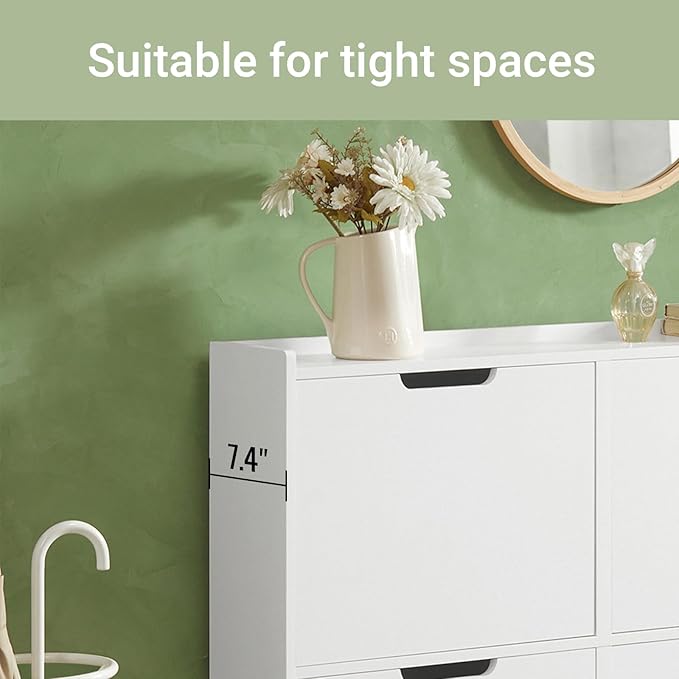 Haotian Ultra Thin Shoe Cabinet with 4 Flip-Drawers, Narrow Shoe Rack, Slim Shoe Storage Organiazer Entryway, White, FSR100-W, 7.5" D x 39.4" W x 35.6" H