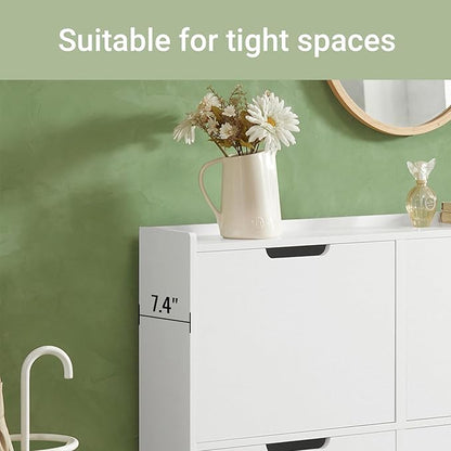 Haotian Ultra Thin Shoe Cabinet with 4 Flip-Drawers, Narrow Shoe Rack, Slim Shoe Storage Organiazer Entryway, White, FSR100-W, 7.5" D x 39.4" W x 35.6" H