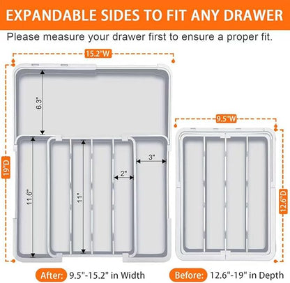 Spaclear Expandable Silverware Drawer Organizer - 7 Compartments BPA-Free Kitchen Utensil Tray, Adjustable 12.6”×9.5" to 19"×15.2", Cutlery Drawer Organizer, Gray