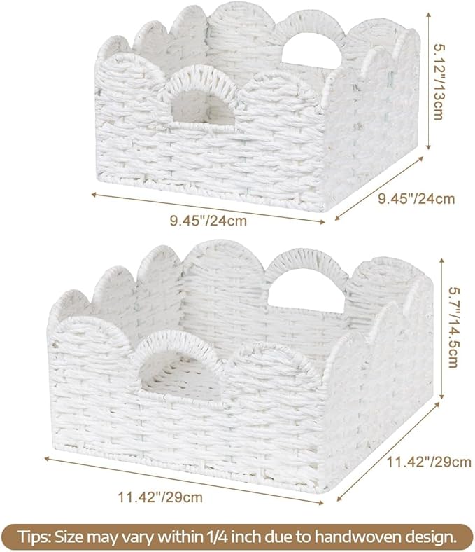 Graciadeco Scalloped Wicker Basket Natural Paper Rope Storage Baskets with Handles Handwoven Organizer Bin Wicker Storage Baskets for Home Decor, Organizing, 2 Pack (White)