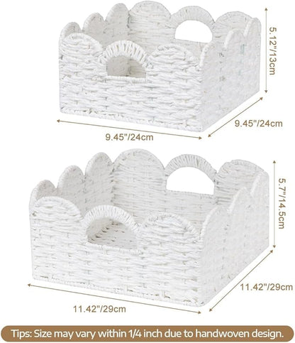 Graciadeco Scalloped Wicker Basket Natural Paper Rope Storage Baskets with Handles Handwoven Organizer Bin Wicker Storage Baskets for Home Decor, Organizing, 2 Pack (White)