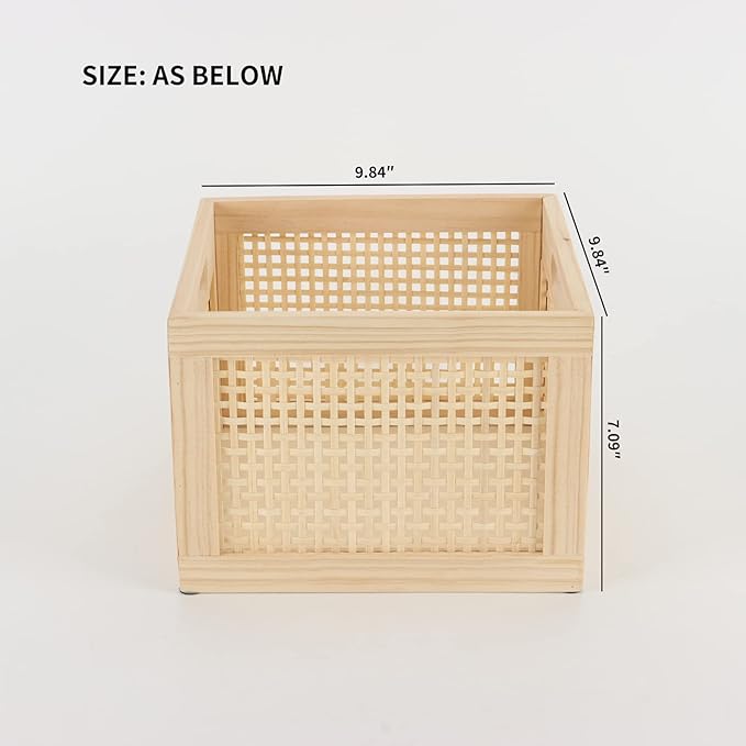 YAHUAN Bamboo Wooden Storage Box Cube Storage Organizer Bins Decorative Wood Square Basket Wood Crates Wicker Storage Cubes Basket Organizer for Home,Office,Closet,Shelf (cube bamboo)