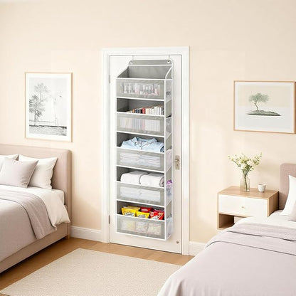 Over The Door Storage Organizer with 5 Extra Large Pockets & Side Mesh Pouches, Hanging Closet Door Organizer for Bedroom, Baby Nursery Storage, Anti-Tilt Design, Fits 1.6" Doors-Gray