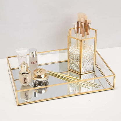 Lyellfe 2 Pack Perfume Trays, Gold Vanity Tray, Decorative Gold Mirror Tray, Non Slip Rectangular Perfume Tray, Jewelry, Bathroom