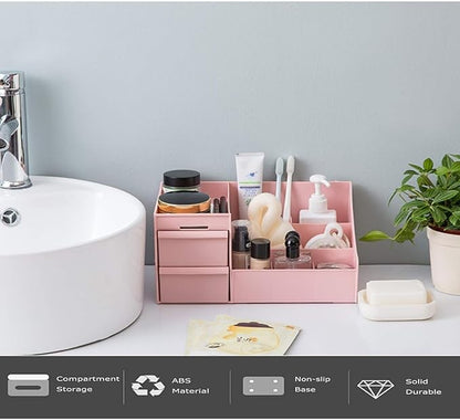 Makeup Organizer for Vanity— Bathroom Countertop Cosmetics Organizer with Drawers for Lipstick, Brushes, Lotions, Eyeshadow, Nail Polish and Jewelry (Pink)