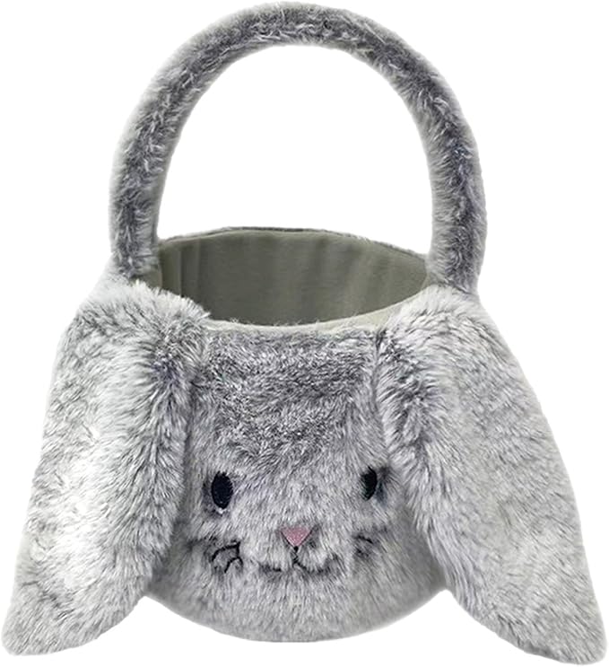 Easter Bunny Basket Plush Decorative Basket for Eggs Candy and Small Gifts (Gray)