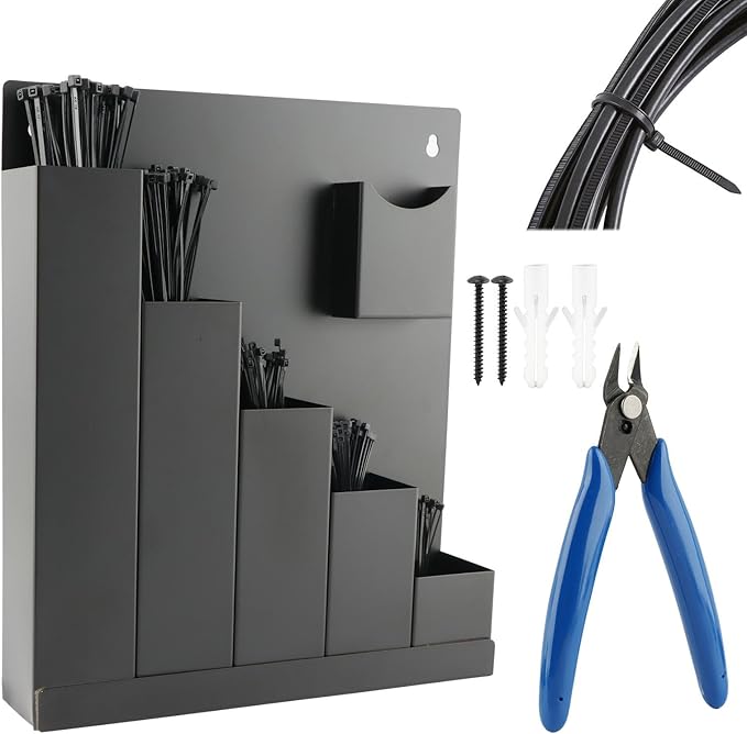 Cable Zip Tie Storage Holder, Wall-Mounted Zip Tie Organizer with Cutter Pliers & 250 Ties, Cable Tie Organizer for Workshop, Shed, Garage, Home