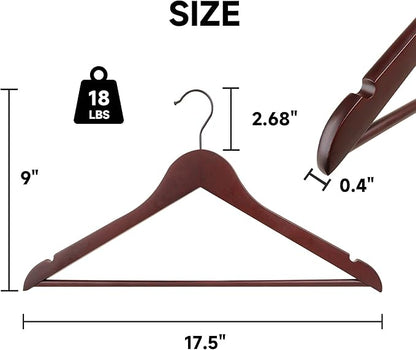 Quality Wooden Clothes Hangers, Solid Wood Suit & Coat Hangers with Pants Bars, Swivel Hook, Shoulder Notches, Heavy Duty Hangers for Shirts, Jackets, Dresses & Trousers(Mahogany/12-Pack)