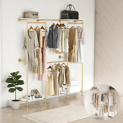 KaKaBB Industrial Pipe Clothing Rack with Shelves, Wall Mounted Gold Corner Clothes Rack, Adjustable Closet System for Walk in Closets, Heavy Duty Metal Garment Organizer (73" W x 84" H)