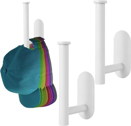 PEUTIER 2pcs Hat Racks for Baseball Caps, No Drill Hat Hooks for Wall Stainless Steel Hat Storage Organizer Self-Adhesive Hat Hanger for Door Bedroom Closet (White)