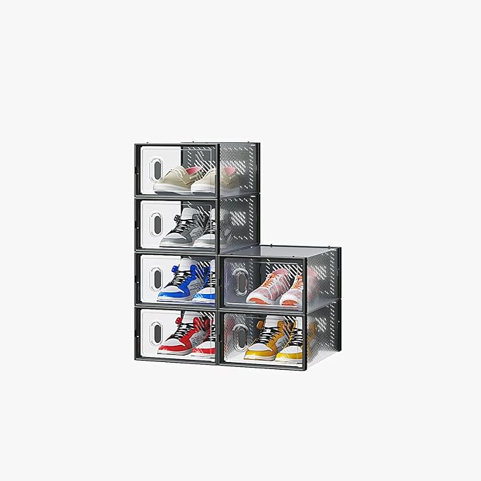 Shoe Storage Organizer Stackable Boxes for Closet, Space-Saving Shoe Rack for Sneaker Boot Container, Plastic Shoe Cabinet Shoe Box 6 Pack (Black)