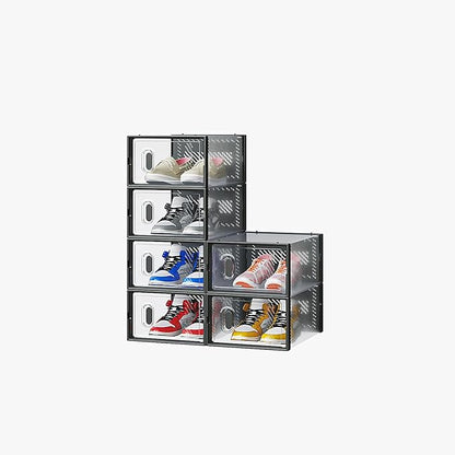 Shoe Storage Organizer Stackable Boxes for Closet, Space-Saving Shoe Rack for Sneaker Boot Container, Plastic Shoe Cabinet Shoe Box 6 Pack (Black)