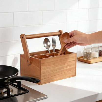 Silverware Caddy with Handle Acacia Paper Plate Holders Wooden Utensil Holder Mulip-Purpose Organizer Picnic Utensil Caddy for Party Home Kitchen Office Bathroom Bedroom RV