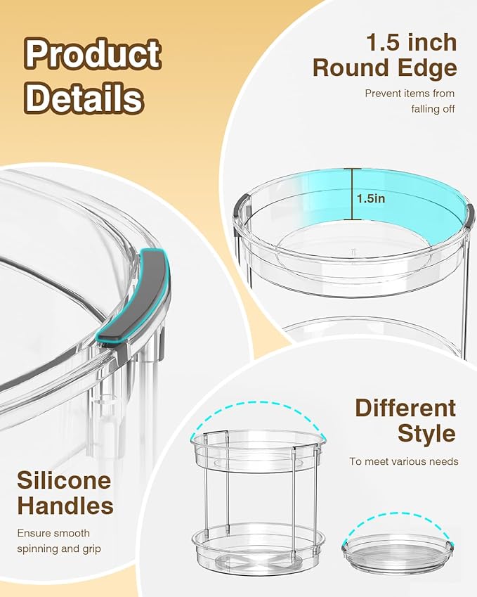 INCOSTAR 2 Pack Lazy Susan Organizer 9.25''and 11.81'' Two-Tier Lazy Susan Turntable for Cabinet, Spice Rack, and Pantry Storage - Spinning Makeup Organizer for Bathroom, Clear
