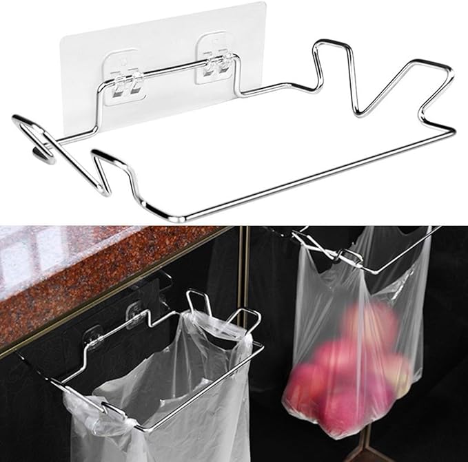 Cupboard Door Plastic Bag Holder with Metal Hanger for Over Door Use, Rubbish Bin Bag Holder Stainless Steel for Home Organization