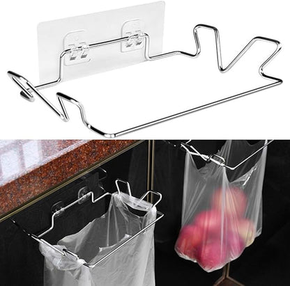 Cupboard Door Plastic Bag Holder with Metal Hanger for Over Door Use, Rubbish Bin Bag Holder Stainless Steel for Home Organization