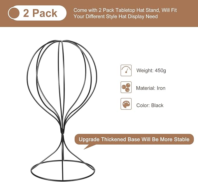 uxcell Metal Hat Display Stand 2 Pack Tabletop Hat and Wig Rack Modern Women Closet Holder for Baseball Cap, Fedora Hat, Cowboy Hat - Black