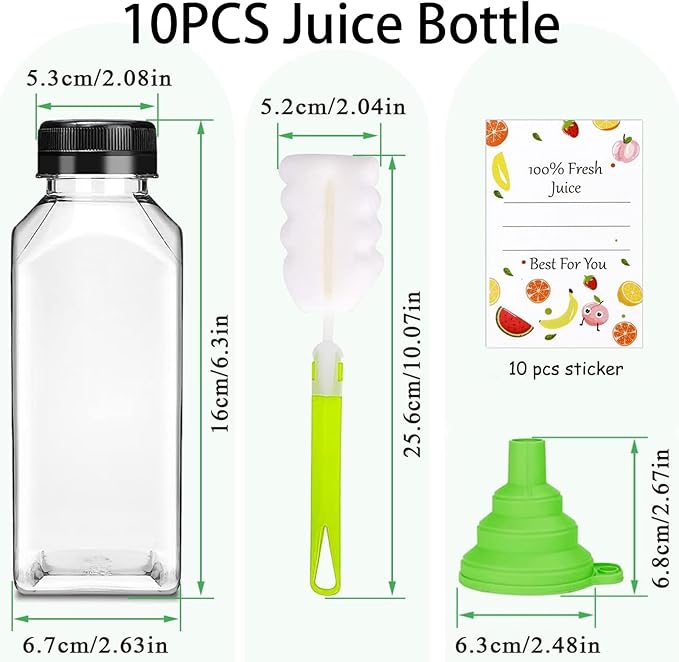 Plastic Juice Bottles with Caps 10pcs 12oz, Reusable Juice Containers with Black Tamper-Evident Lids, Clear Bottles for Juicing, Milk, Smoothie Bottle, Drinking with 10 Labels, Brush and Funnel